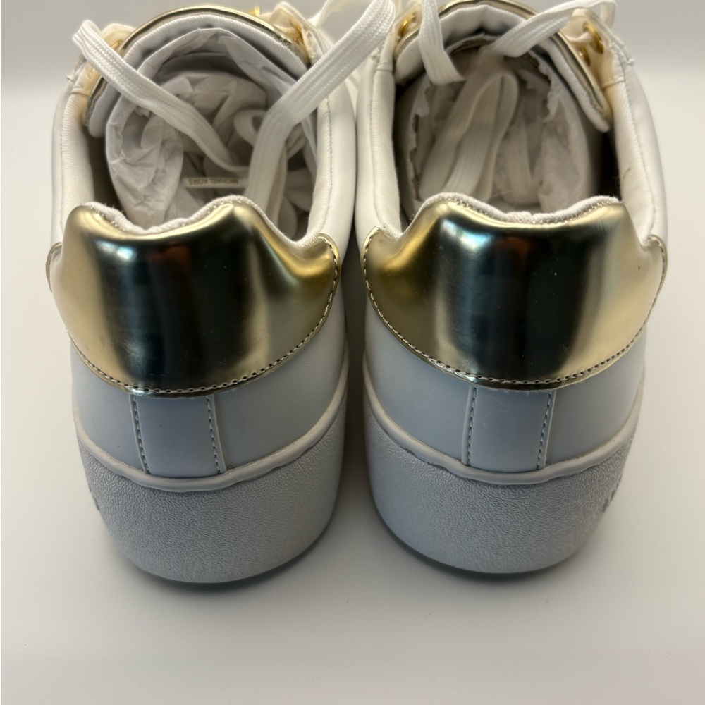 Michael Kors Poppy LaceUp Faux Leather White Sneakers w/ Gold Eyelets & MK Logo - Picture 4 of 6
